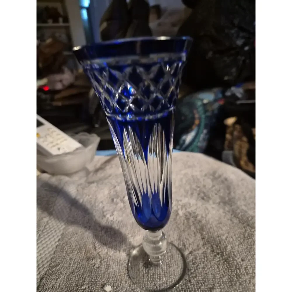 Vintage Towle Blue Cut To Clear Vase Distinctive Cobalt Blue Overlay With Clear